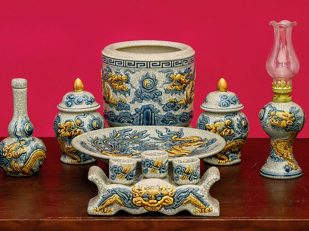 Bộ đồ thờ Bát Tràng Trường Xuân men rạn đắp nổi rồng ban thờ 1m27 2