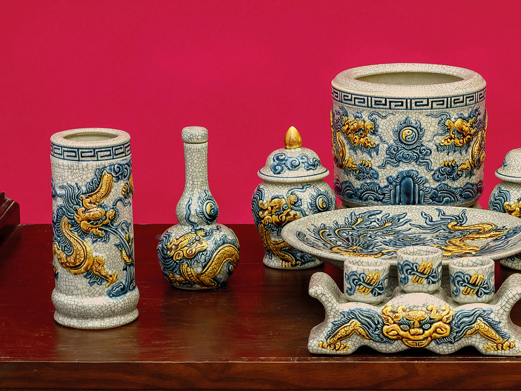 Bộ đồ thờ Bát Tràng Trường Xuân men rạn đắp nổi rồng ban thờ 1m27 3