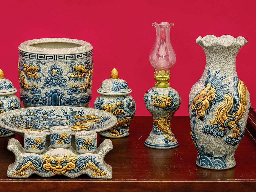 Bộ đồ thờ Bát Tràng Trường Xuân men rạn đắp nổi rồng ban thờ 1m27 4