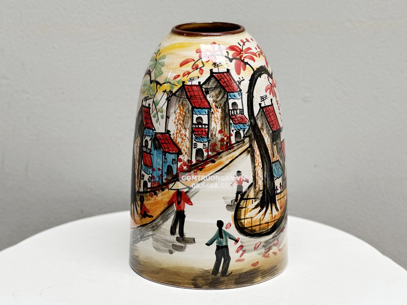 Bình hoa Bát Tràng trang trí decor dáng chuông vẽ phố cổ 30cm 1