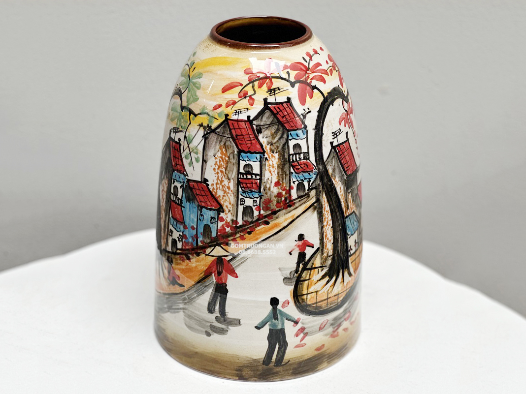 Bình hoa Bát Tràng trang trí decor dáng chuông vẽ phố cổ 30cm 2