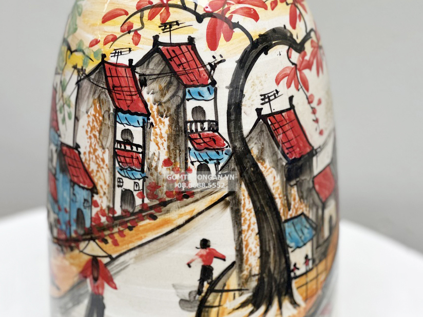 Bình hoa Bát Tràng trang trí decor dáng chuông vẽ phố cổ 30cm 3