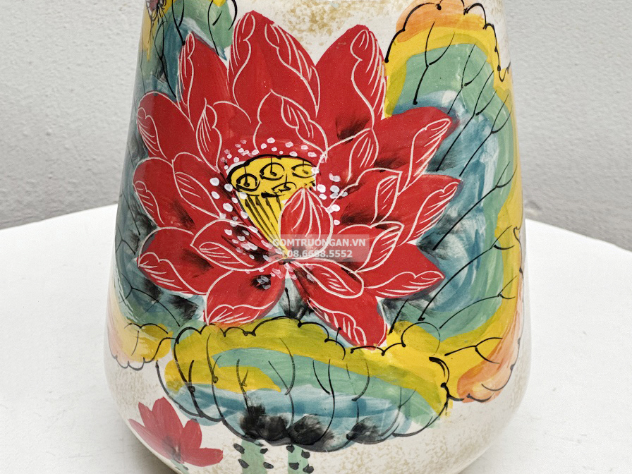 Bình hoa Bát Tràng trang trí decor dáng bầu vẽ hoa sen 26cm 3