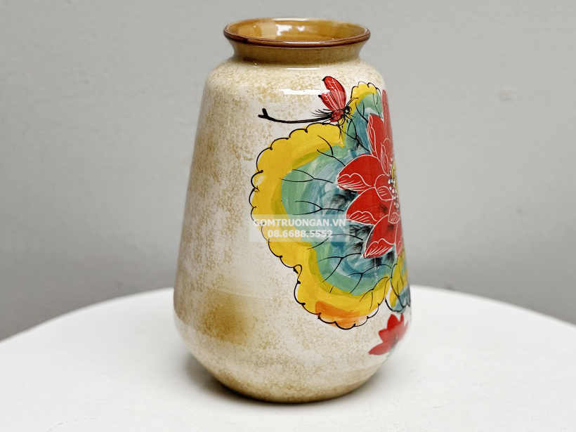 Bình hoa Bát Tràng trang trí decor dáng bầu vẽ hoa sen 26cm 2