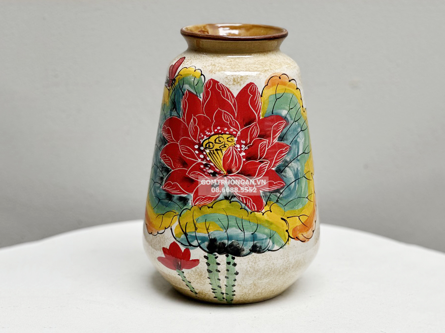 Bình hoa Bát Tràng trang trí decor dáng bầu vẽ hoa sen 26cm 1