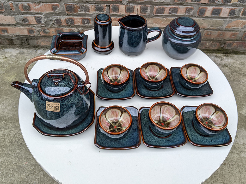 Ấm chén men hỏa biến xanh lòng chén hoa dáng siêu đầy đủ phụ kiện 2