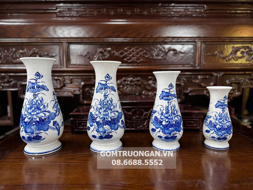 Lọ hoa bàn thờ men lam Vạn Phúc Trường An 23cm 1