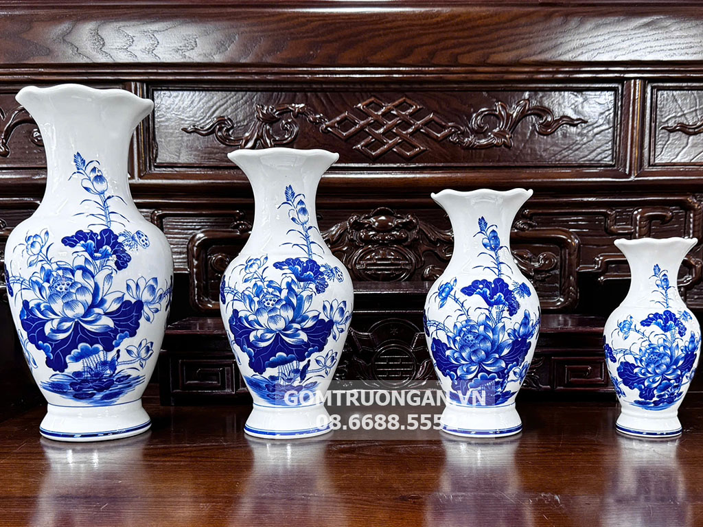 Lọ hoa bàn thờ miệng lượn men lam Vạn Phúc Trường An 20cm 1