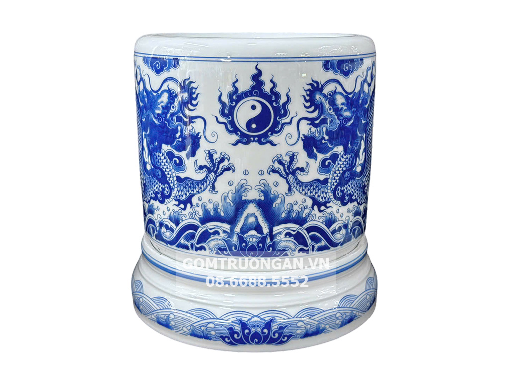 Bát hương rồng men lam Vạn Phúc Trường An 18cm đế sứ 1