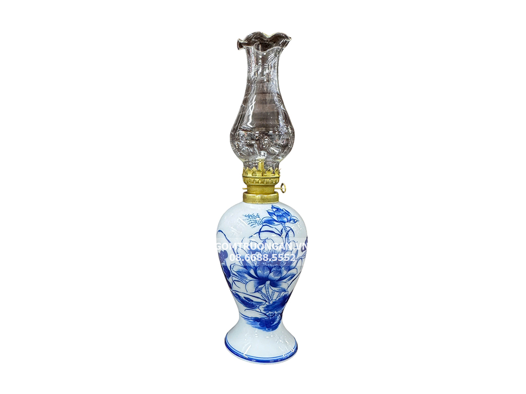 Đèn dầu thờ men lam Vạn Phúc Trường An sen tròn to 1
