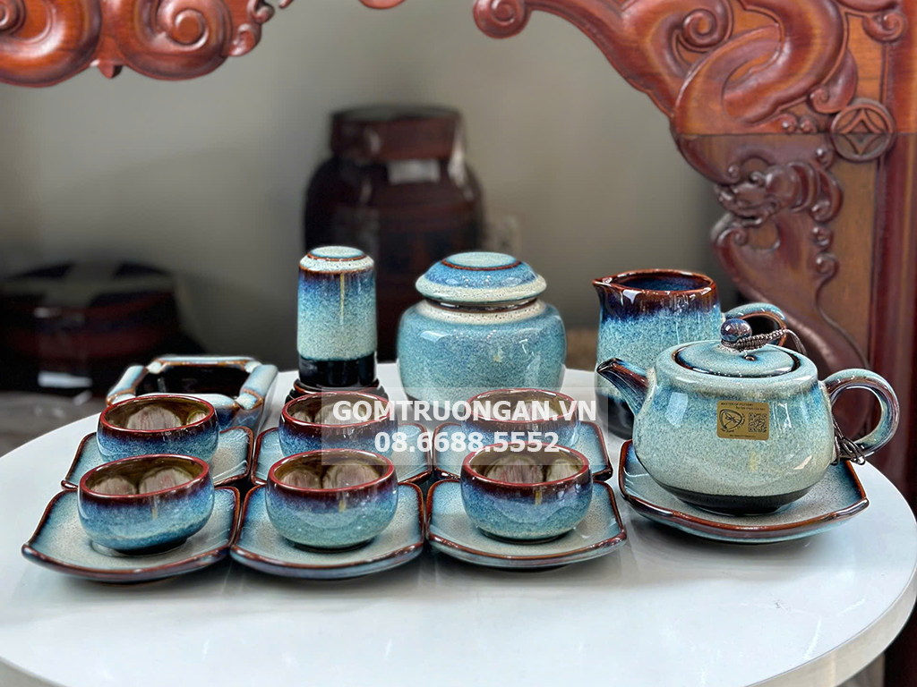 Bộ ấm chén men hỏa biến Bát Tràng phấn hồng đầy đủ phụ kiện 1