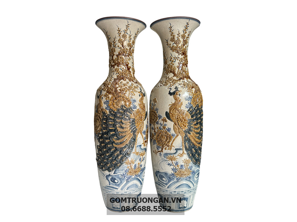 Lọ lộc bình Bát Tràng men rạn đắp nổi Công Danh Phúc Quý 1m4 2