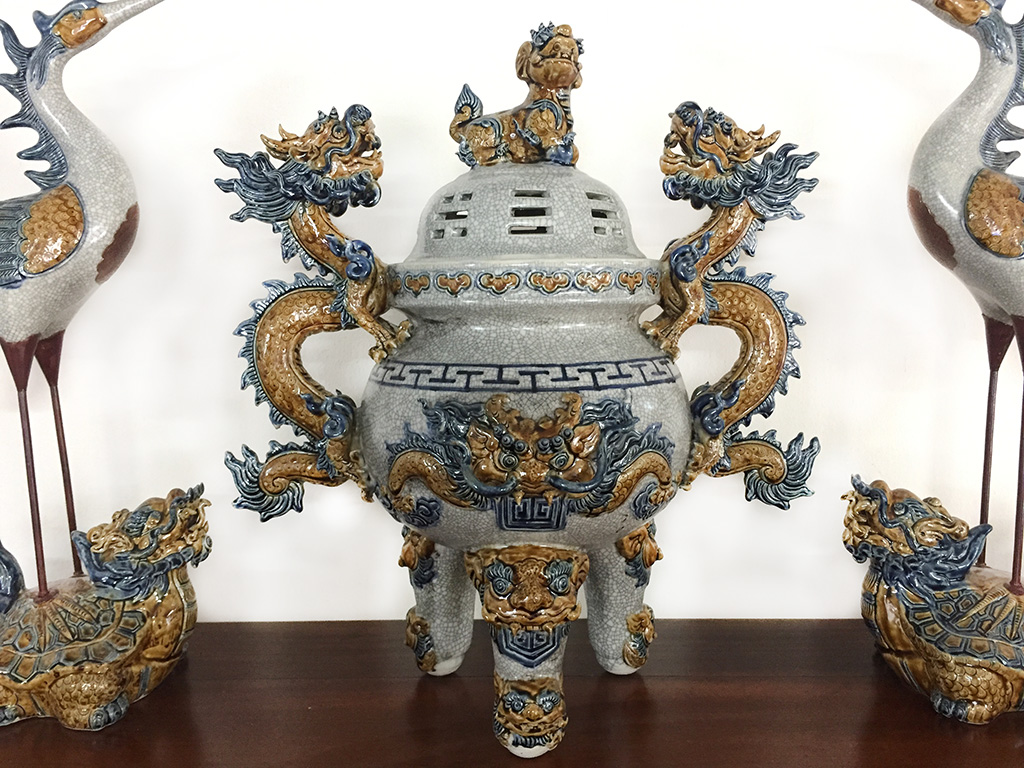 Bộ tam sự lư hương đỉnh hạc chân đồng Trường Xuân cao 63cm 2