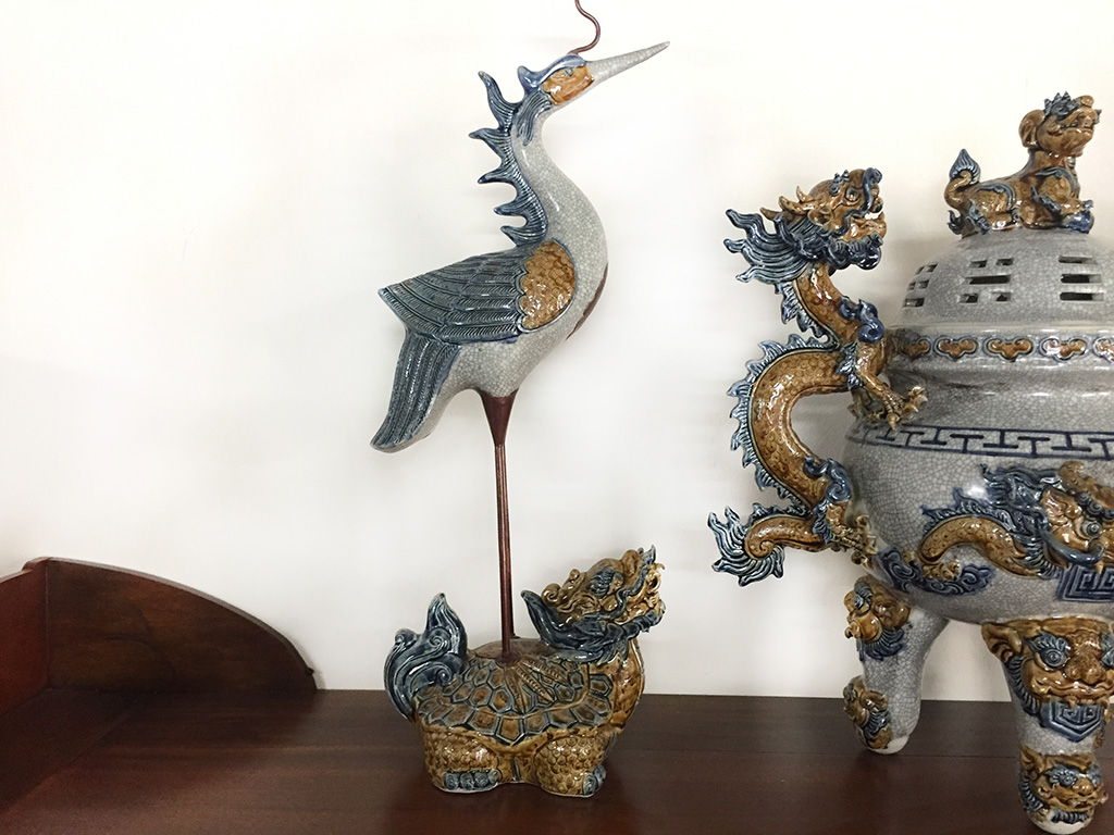 Bộ tam sự lư hương đỉnh hạc chân đồng Trường Xuân cao 63cm 3