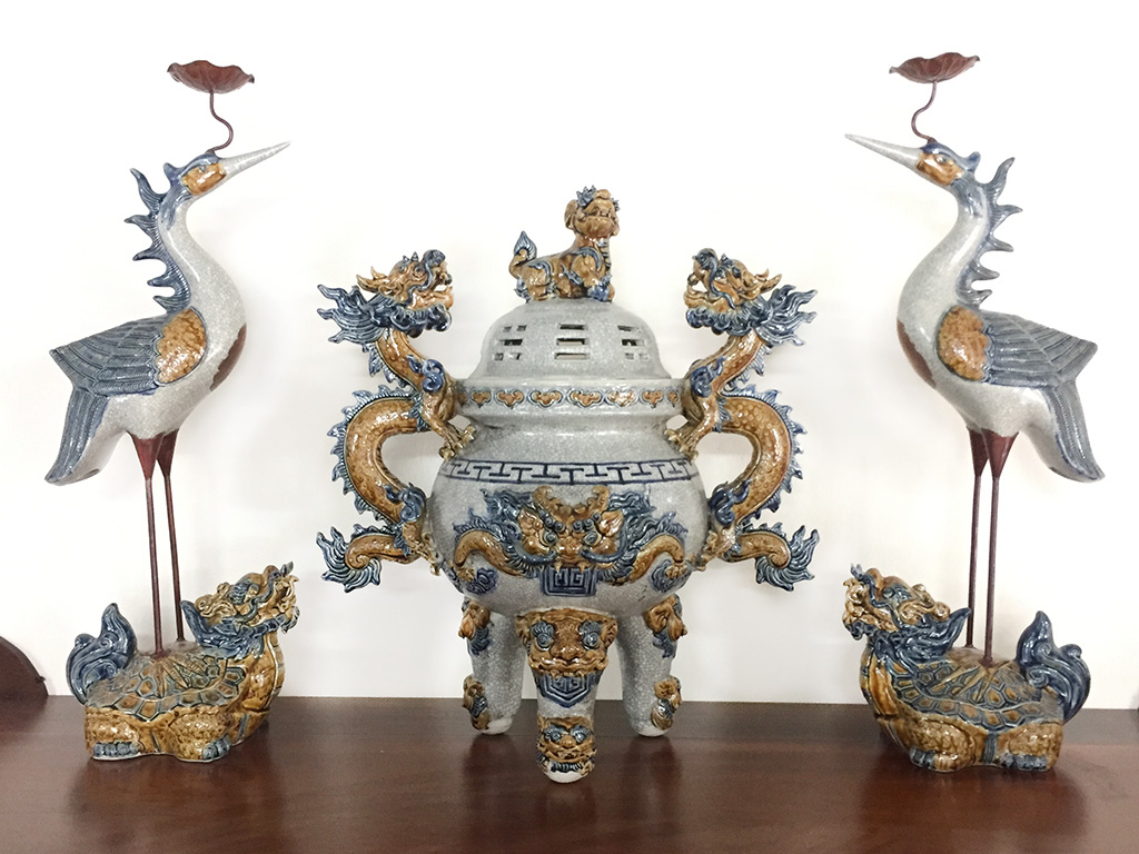 Bộ tam sự lư hương đỉnh hạc chân đồng Trường Xuân cao 63cm 1