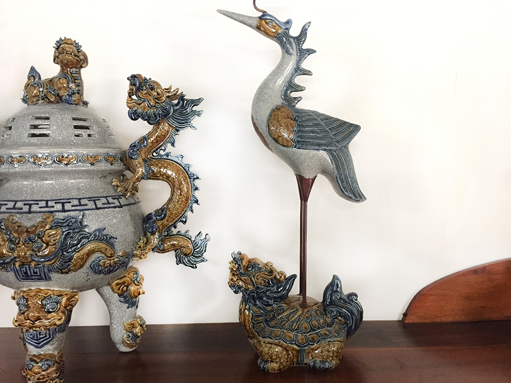 Bộ tam sự lư hương đỉnh hạc chân đồng Trường Xuân cao 48cm 4