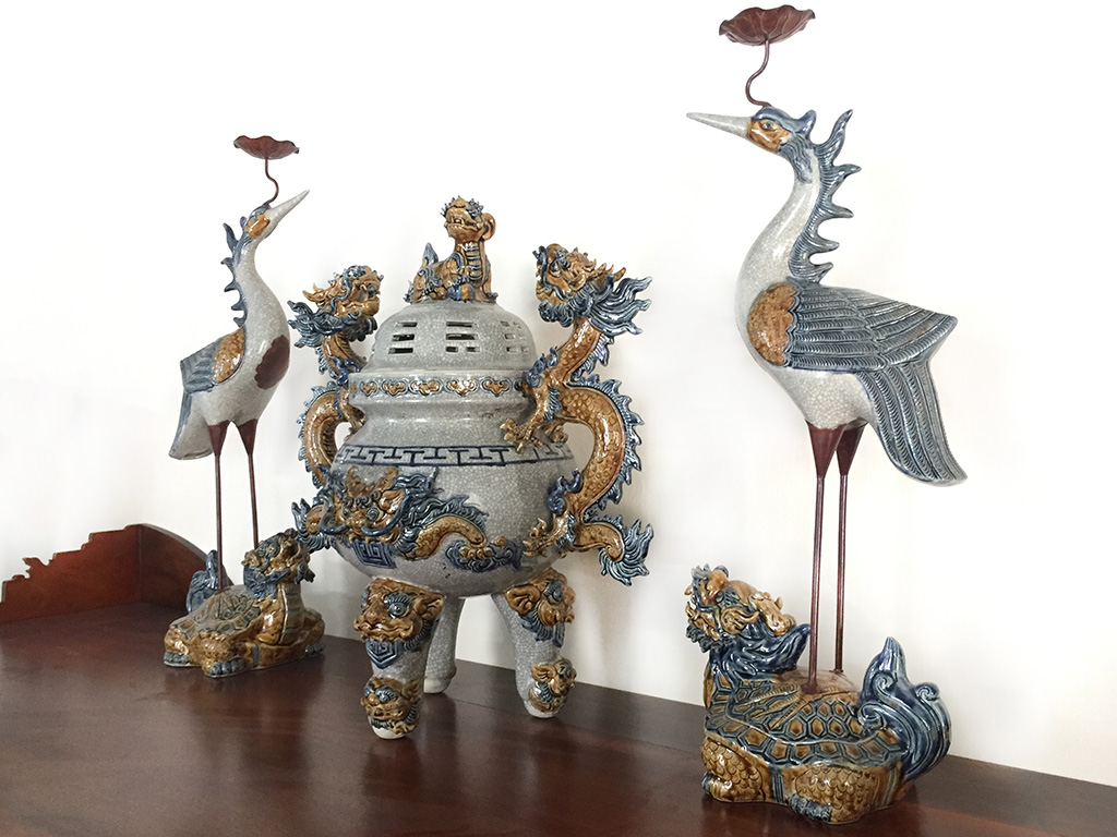 Bộ tam sự lư hương đỉnh hạc chân đồng Trường Xuân cao 48cm 5