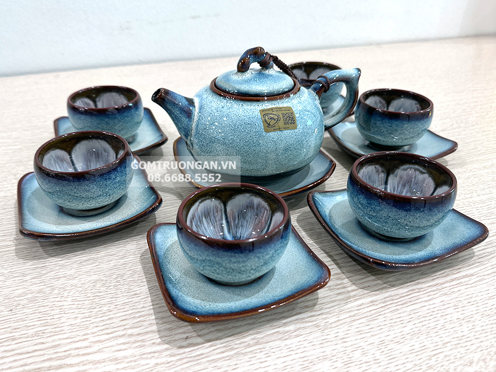 Bộ ấm chén men hỏa biến Bát Tràng phấn hồng 5