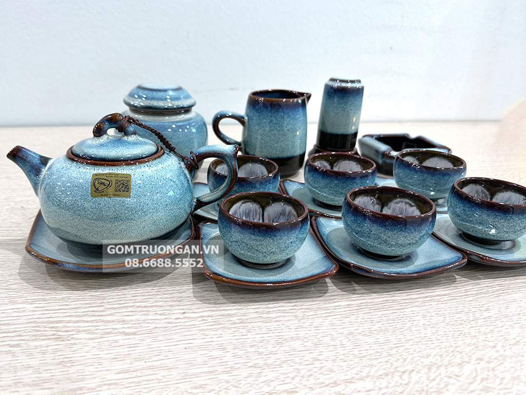 Bộ ấm chén men hỏa biến Bát Tràng phấn hồng có phụ kiện 4