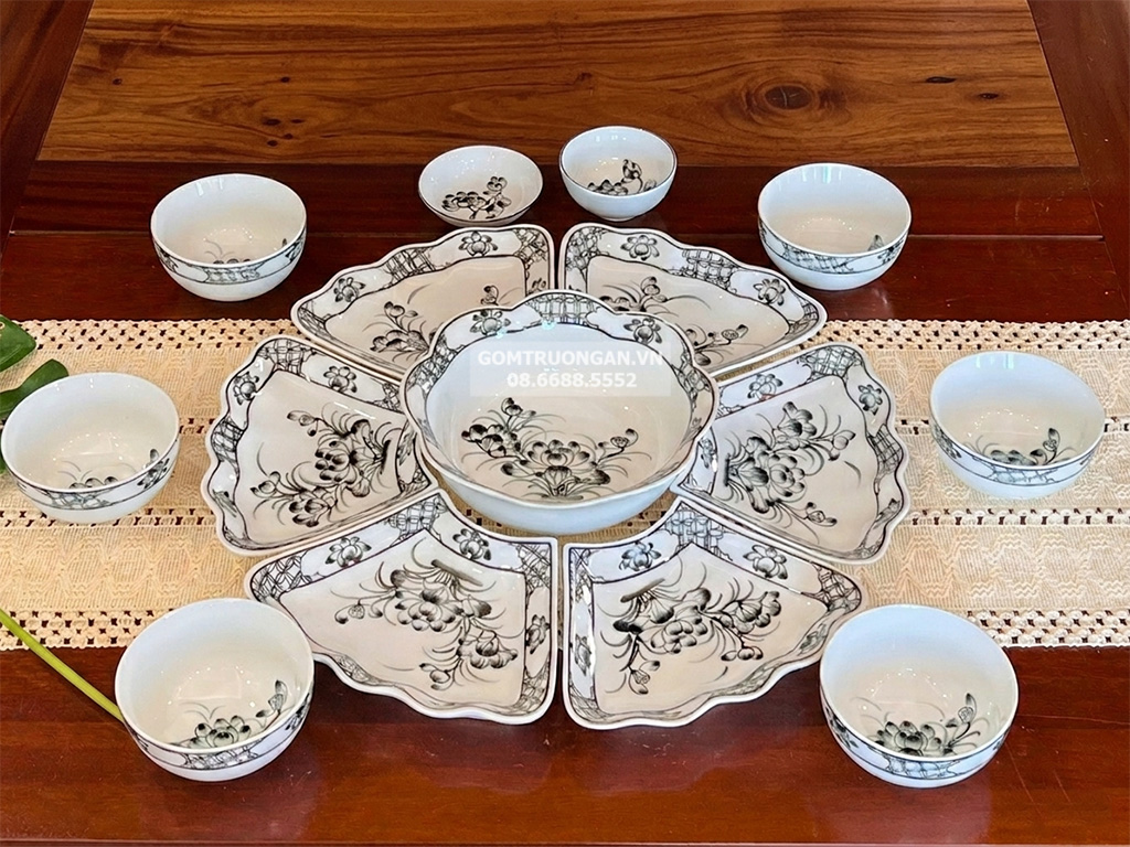 Bộ bát đĩa thờ cúng gia tiên vẽ Hoa Sen Tràm cỡ to 15 món 1