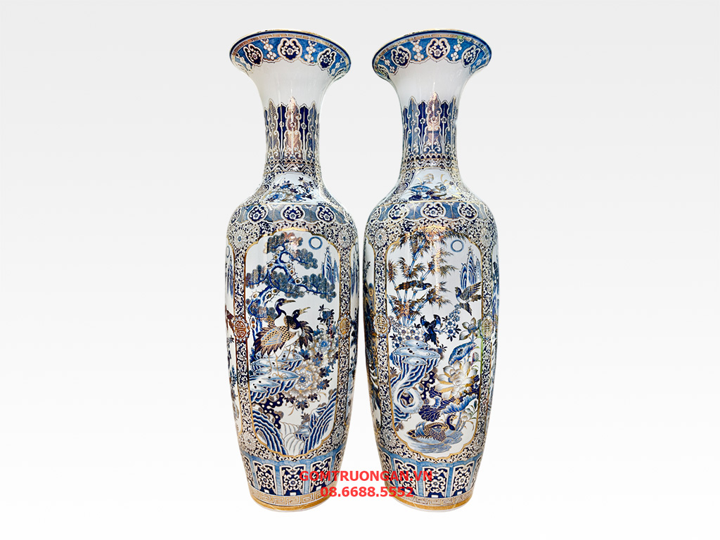 Lọ lục bình sứ Bát Tràng men lam hàng khử Tứ Quý vẽ vàng 24k 1m4 2