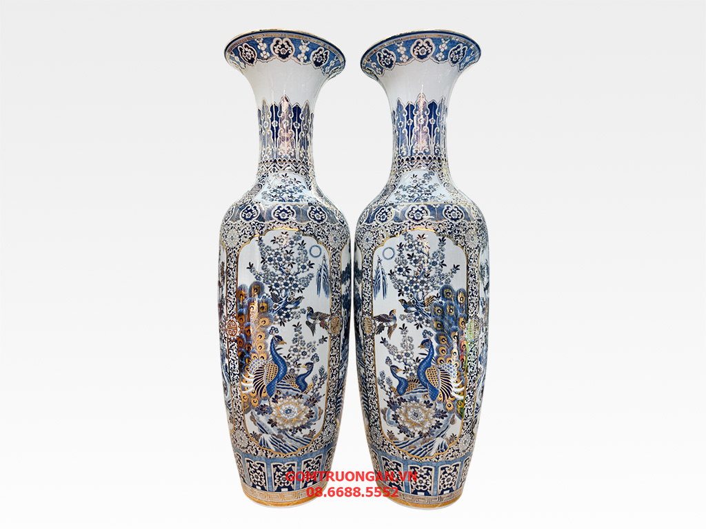 Lọ lục bình sứ Bát Tràng men lam hàng khử Tứ Quý vẽ vàng 24k 1m4 1