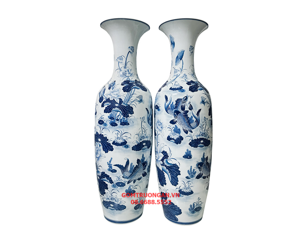 Lọ lục bình sứ Bát Tràng men lam hàng khử Lý Ngư Vọng Nguyệt vẽ kỹ 1m4 2