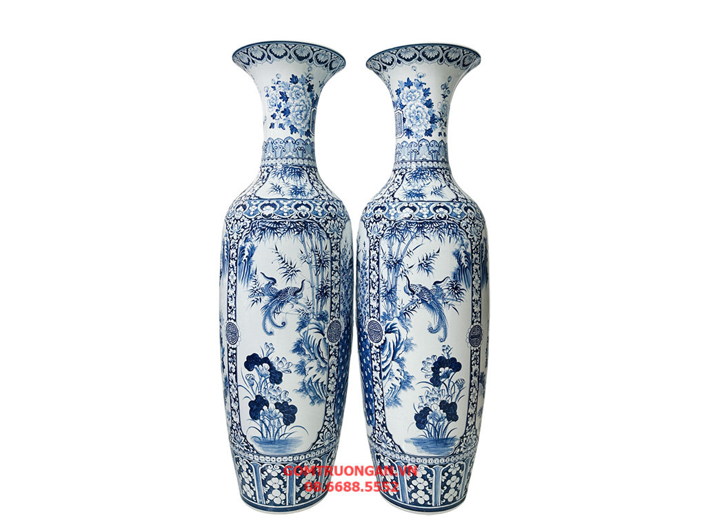 Lọ lục bình sứ Bát Tràng men lam hàng khử Tứ Quý 1m4 2