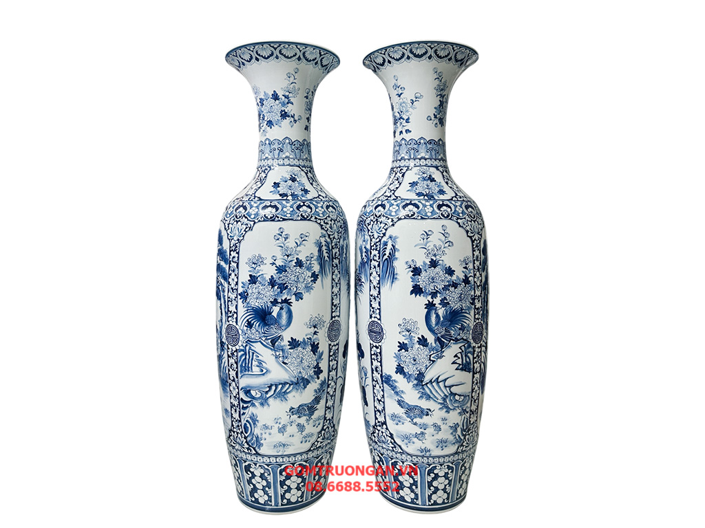 Lọ lục bình sứ Bát Tràng men lam hàng khử Tứ Quý 1m4 3