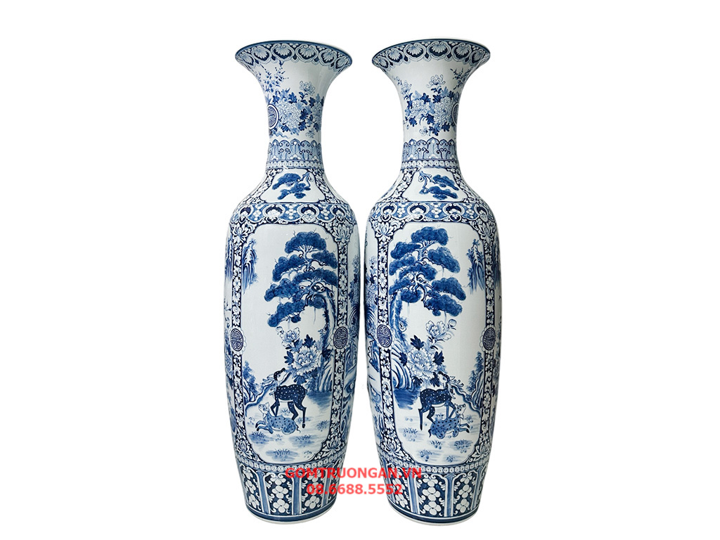 Lọ lục bình sứ Bát Tràng men lam hàng khử Tứ Quý 1m4 4