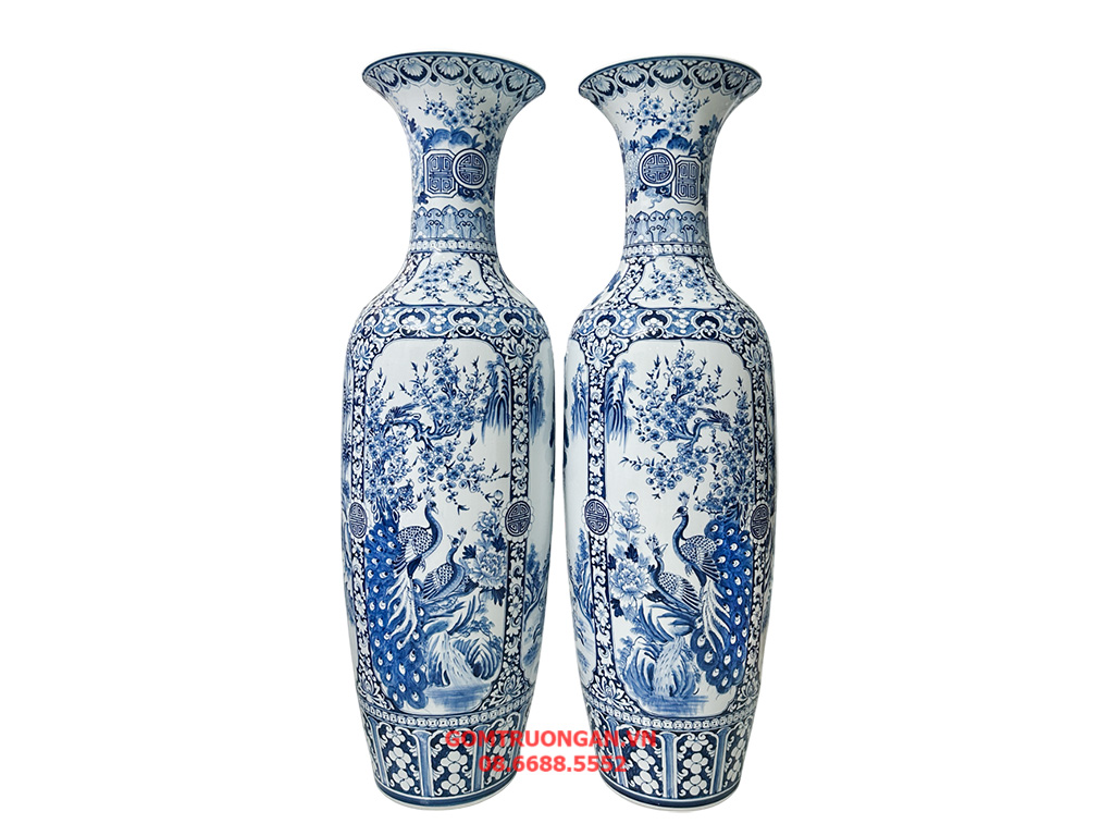 Lọ lục bình sứ Bát Tràng men lam hàng khử Tứ Quý 1m4 1