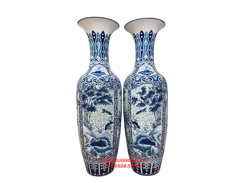 Lọ lục bình Bát Tràng men lam hàng khử Tứ Quý thêu hoa dệt gấm 1m4 2