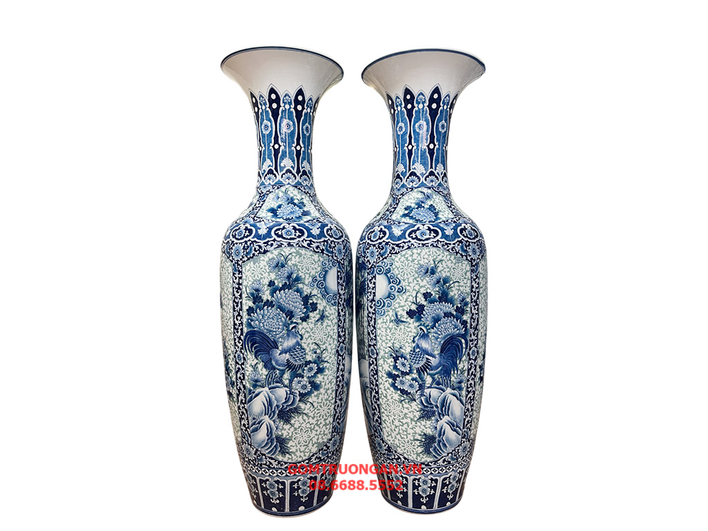 Lọ lục bình Bát Tràng men lam hàng khử Tứ Quý thêu hoa dệt gấm 1m4 3