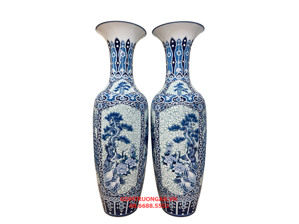 Lọ lục bình Bát Tràng men lam hàng khử Tứ Quý thêu hoa dệt gấm 1m4 4