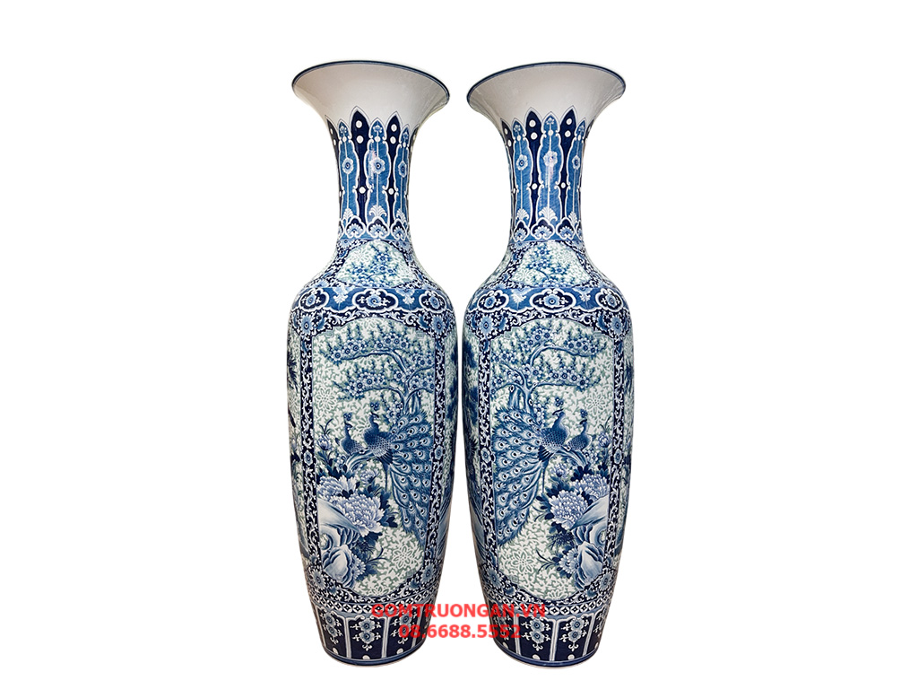 Lọ lục bình Bát Tràng men lam hàng khử Tứ Quý thêu hoa dệt gấm 1m4 1