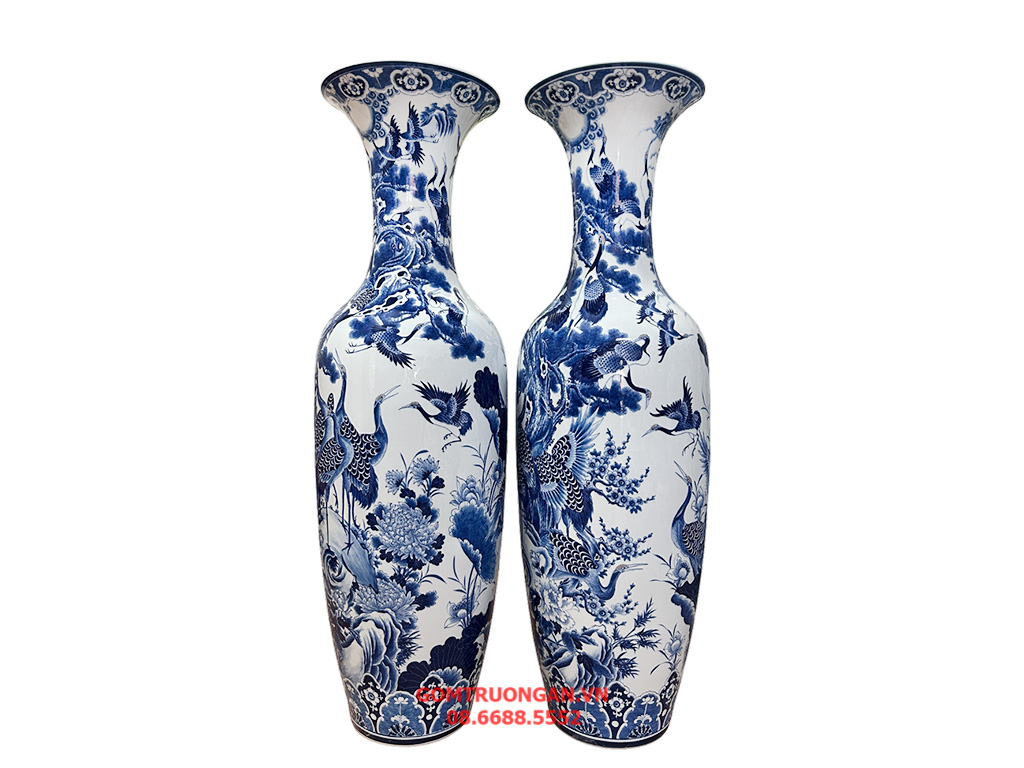 Lọ lục bình Bát Tràng men lam hàng khử Tùng Hạc Diên Niên 1m4 3