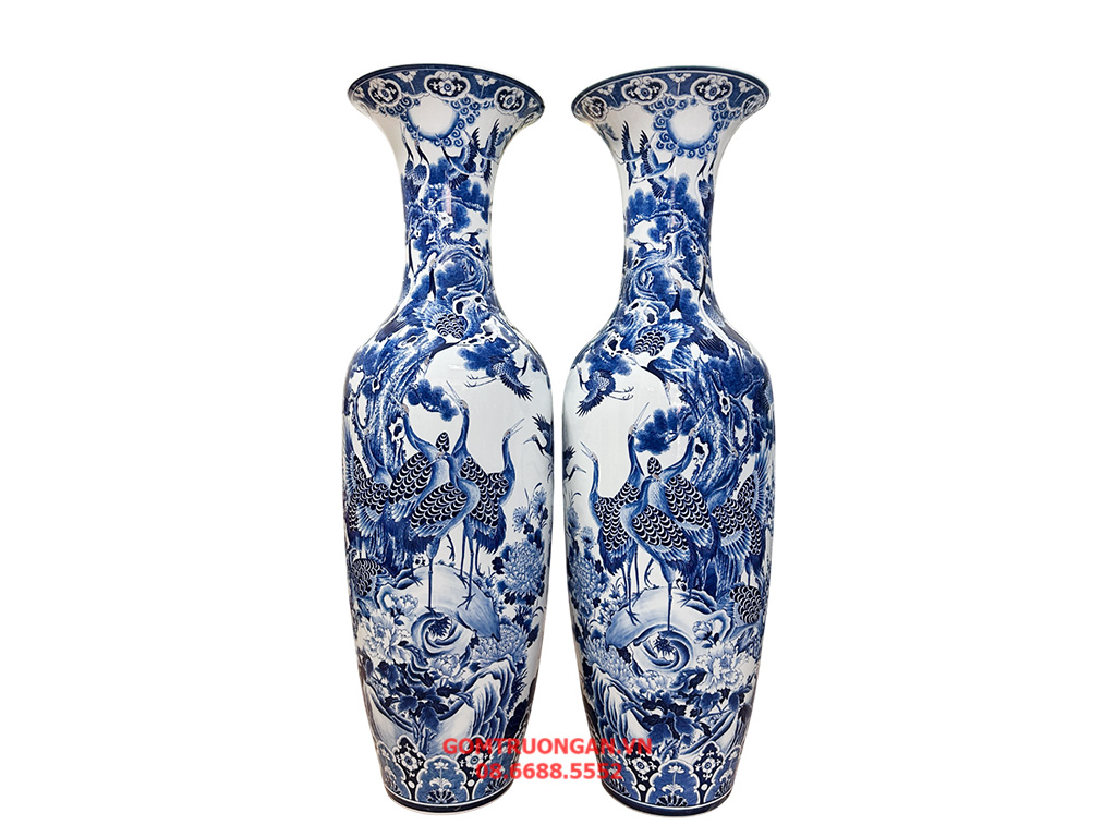 Lọ lục bình Bát Tràng men lam hàng khử Tùng Hạc Diên Niên 1m4 1