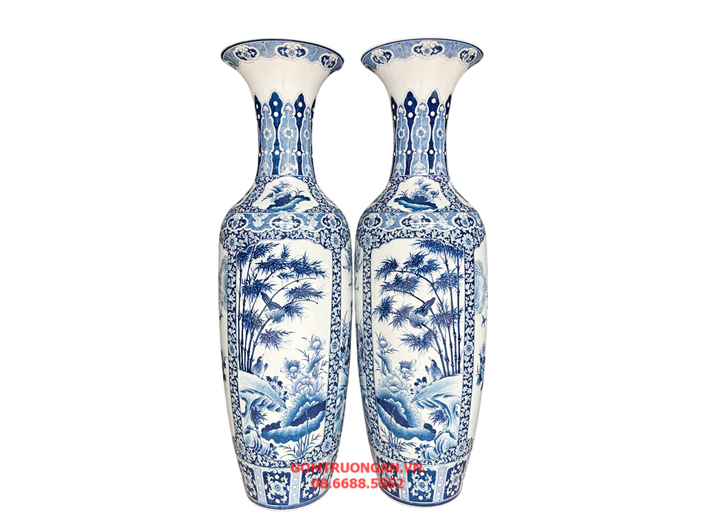 Lọ lộc bình Bát Tràng men lam hàng khử Tứ Quý vẽ kỹ 1m4 2