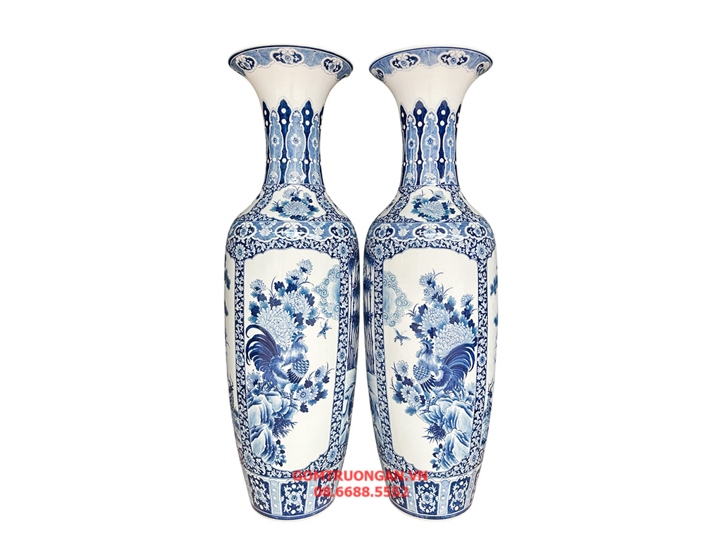 Lọ lộc bình Bát Tràng men lam hàng khử Tứ Quý vẽ kỹ 1m4 3