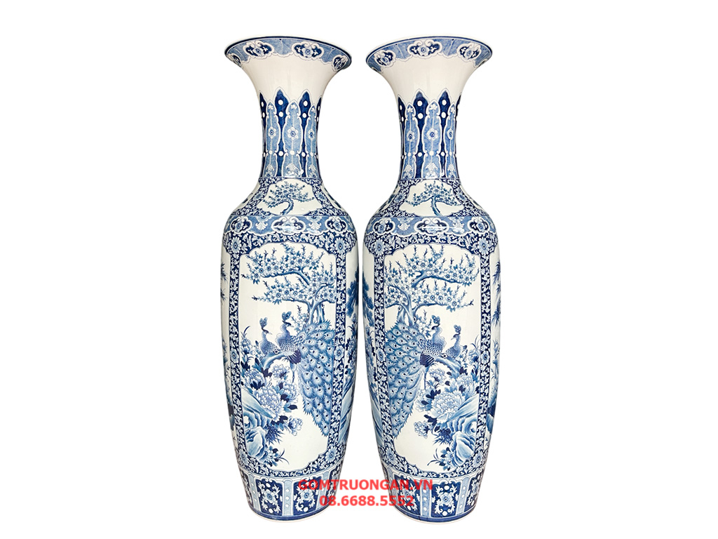 Lọ lộc bình Bát Tràng men lam hàng khử Tứ Quý vẽ kỹ 1m4 1