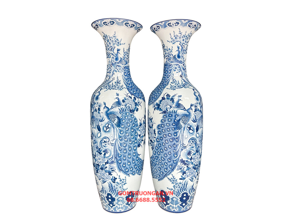 Lọ lục bình Bát Tràng men lam hàng khử Công Danh Phú Quý vẽ kỹ 1m4 2