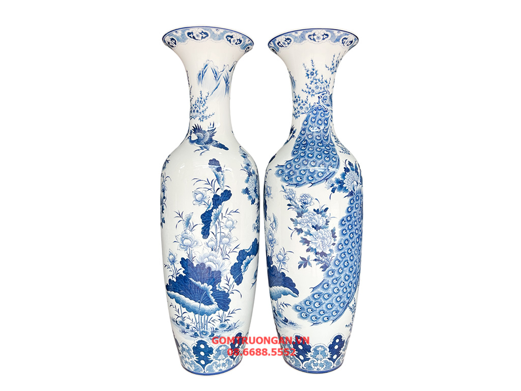 Lọ lục bình Bát Tràng men lam hàng khử Công Danh Phú Quý vẽ kỹ 1m4 3