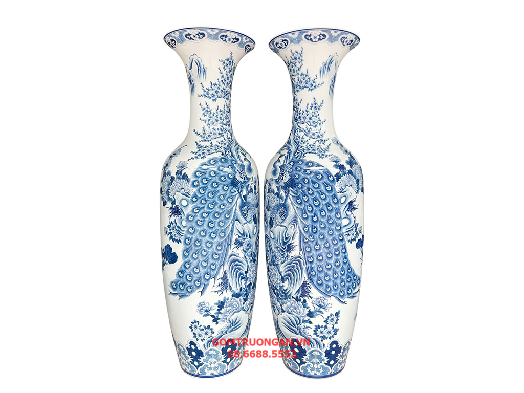 Lọ lục bình Bát Tràng men lam hàng khử Công Danh Phú Quý vẽ kỹ 1m4 4