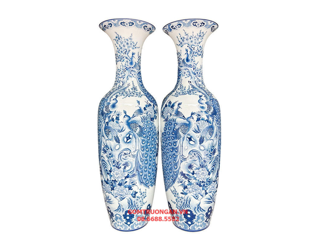 Lọ lục bình Bát Tràng men lam hàng khử Công Danh Phú Quý vẽ kỹ 1m4 1