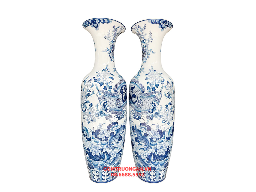 Lọ lộc bình Bát Tràng men lam hàng khử Phúc Đức 1m6 2