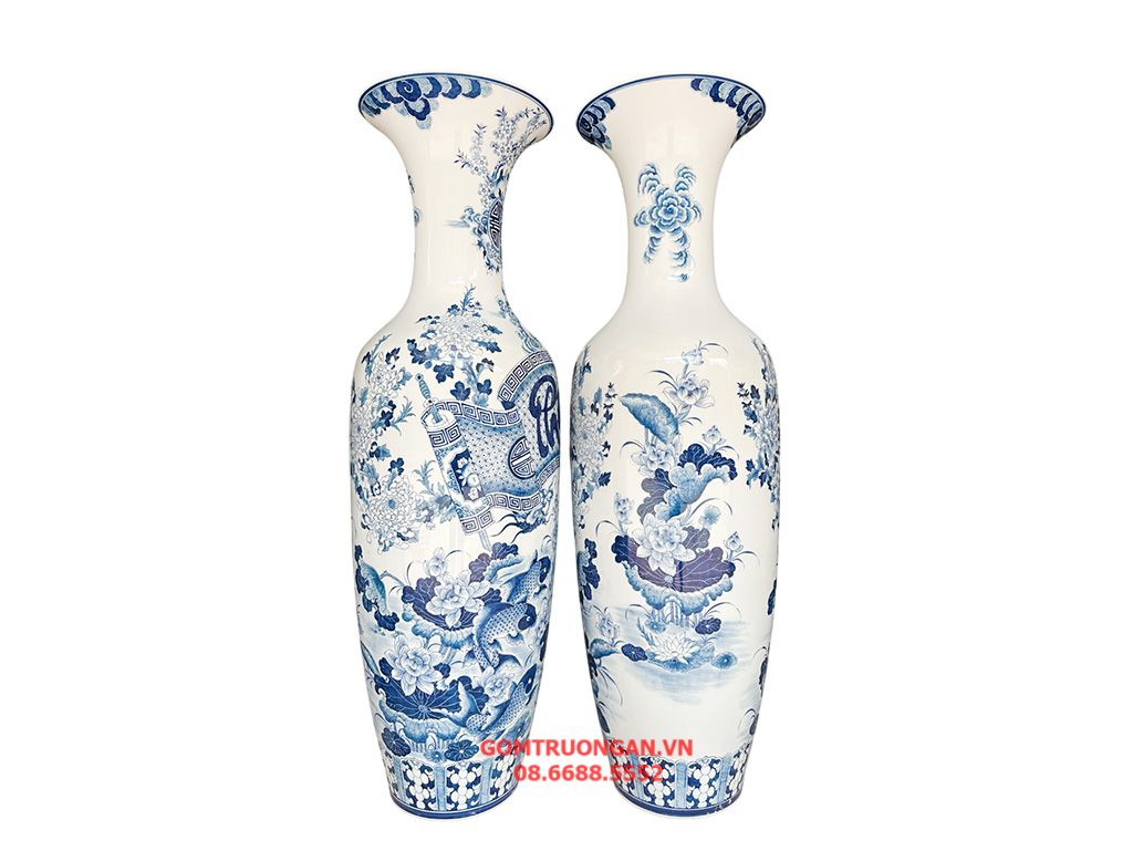 Lọ lộc bình Bát Tràng men lam hàng khử Phúc Đức 1m6 3