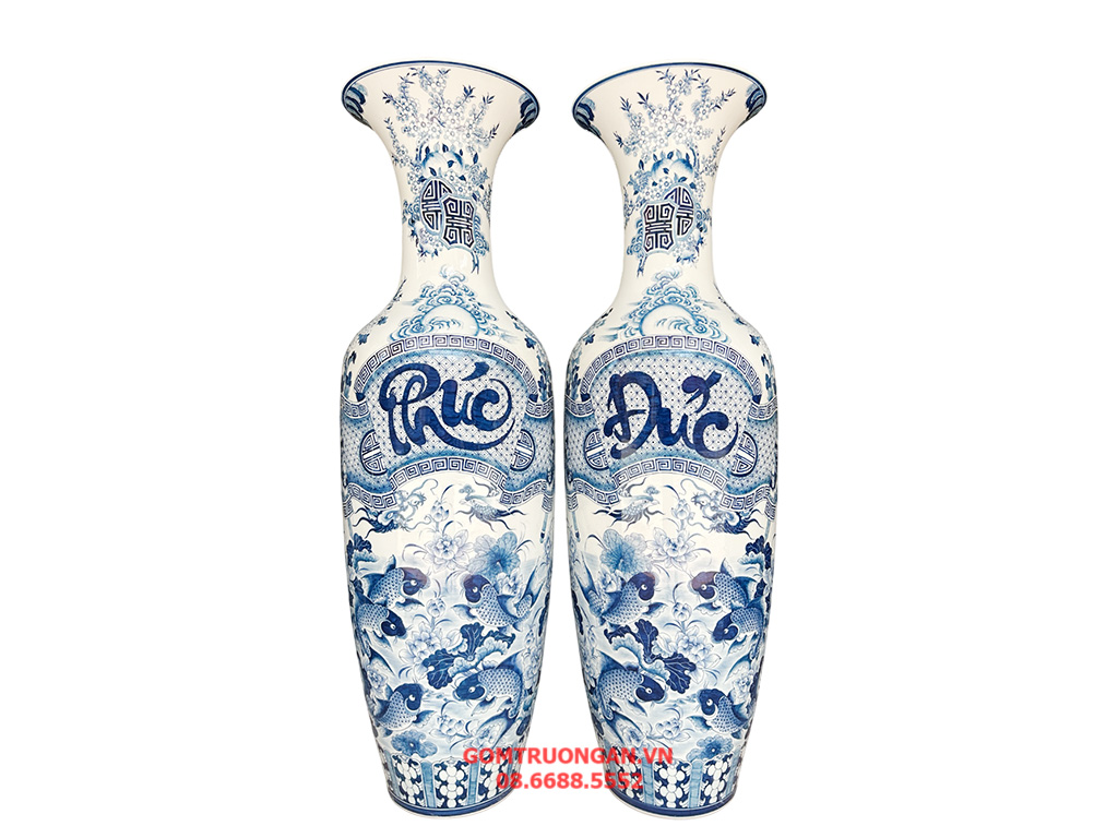 Lọ lộc bình Bát Tràng men lam hàng khử Phúc Đức 1m6 1