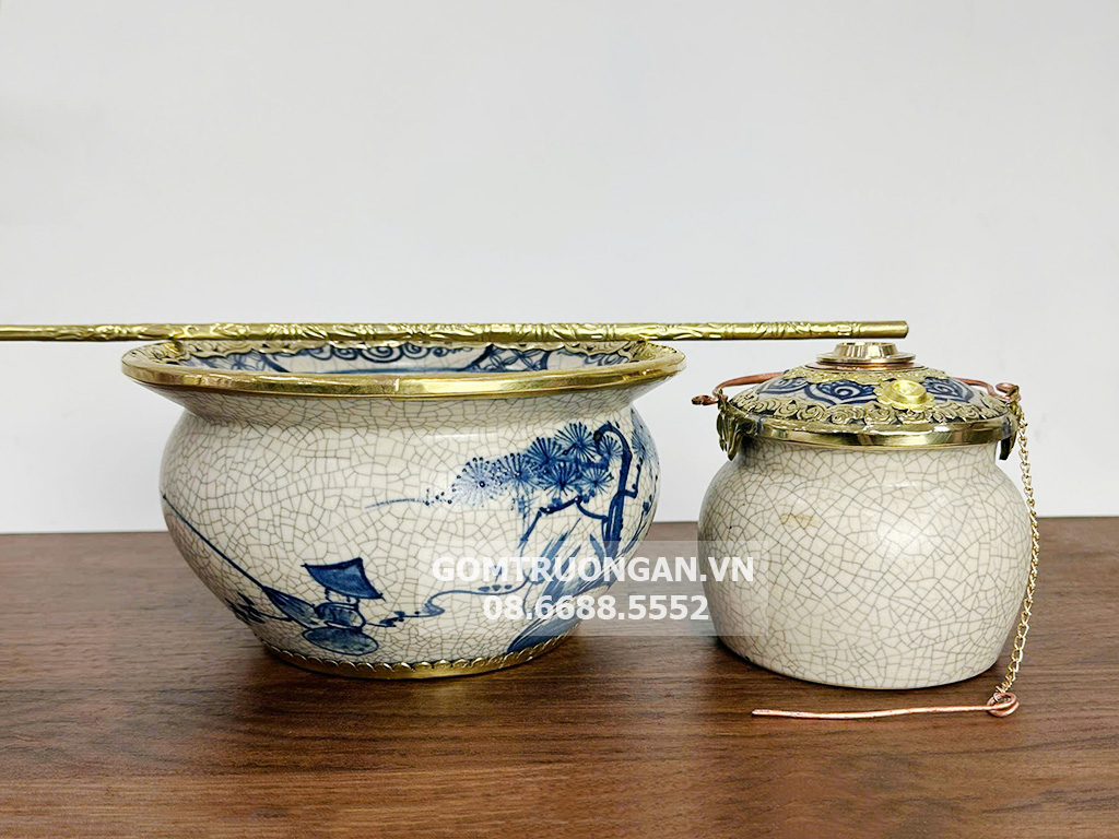 Điếu bát men rạn cổ bọc đồng Câu Cá Lã Vọng 3