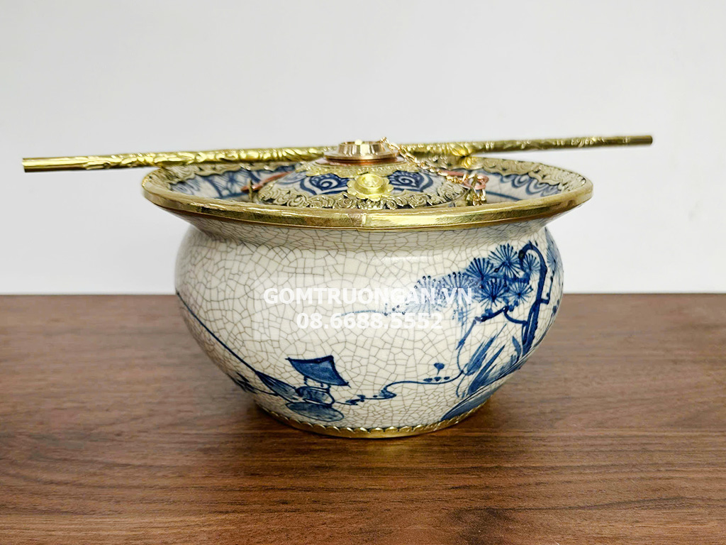 Điếu bát men rạn cổ bọc đồng Câu Cá Lã Vọng 1