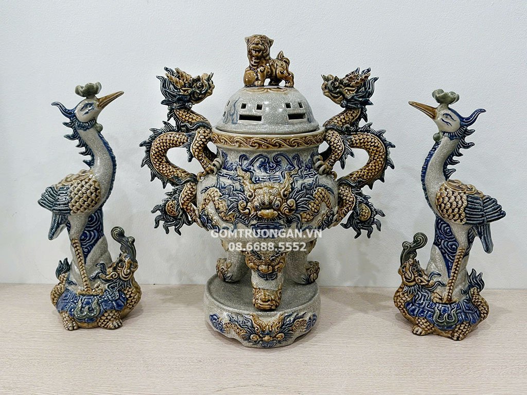 Bộ lư hương đỉnh hạc sứ Phúc Quý cao 58cm 2